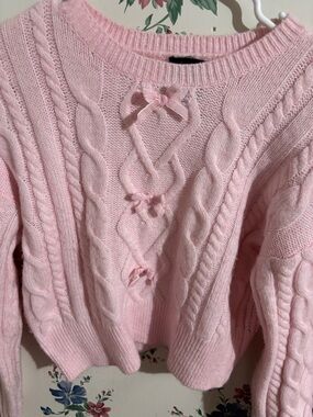 Derek Heart Pale Pink Cable Knit Sweater with Bow Accents